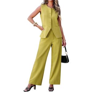 luvamia Vest Pants Suits for Women Dressy 2 Piece Business Casual Outfits Sleeveless Blazer Wide Leg Pants Pantsuit Sets