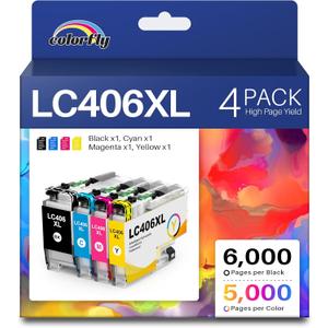 LC406XL High Yield Ink Cartridges for Brother Printer LC406 Ink Cartridges LC406XL LC 406-XL use with Brother MFC-J4335DW MFC-J5855DW MFC-J5855DW MFC-J6955DW Printer (4 Pack BK/C/M/Y)