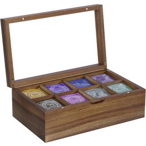 Acacia Tea Box Organizer Storage Box, 8 Compartments Wood Tea Organizer for Tea Bags, Tea Bag Holder Organizers with Clear Acrylic Window, Magnetic Lid and Removable Dividers