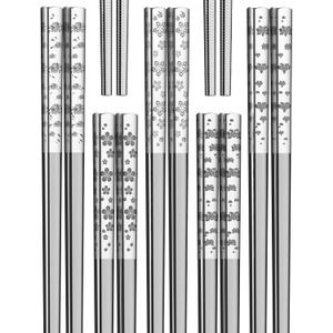 Metal Chopsticks Reusable 18/8 Stainless Steel Chopsticks 5 Pairs Classic Floral Dishwasher Safe Lightweight Non-Slip Chop Sticks 9 1/4 Inches Present Set