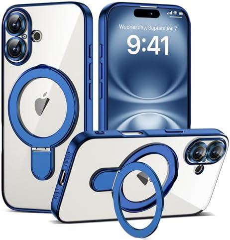 ETPESOK Compatible with iPhone 16 Case with Invisible Magnetic Ring Stand [Compatible with Mag-Safe] [Full Camera Lens Protector] Plating Clear Phone Case for iPhone 16 6.1", Blue