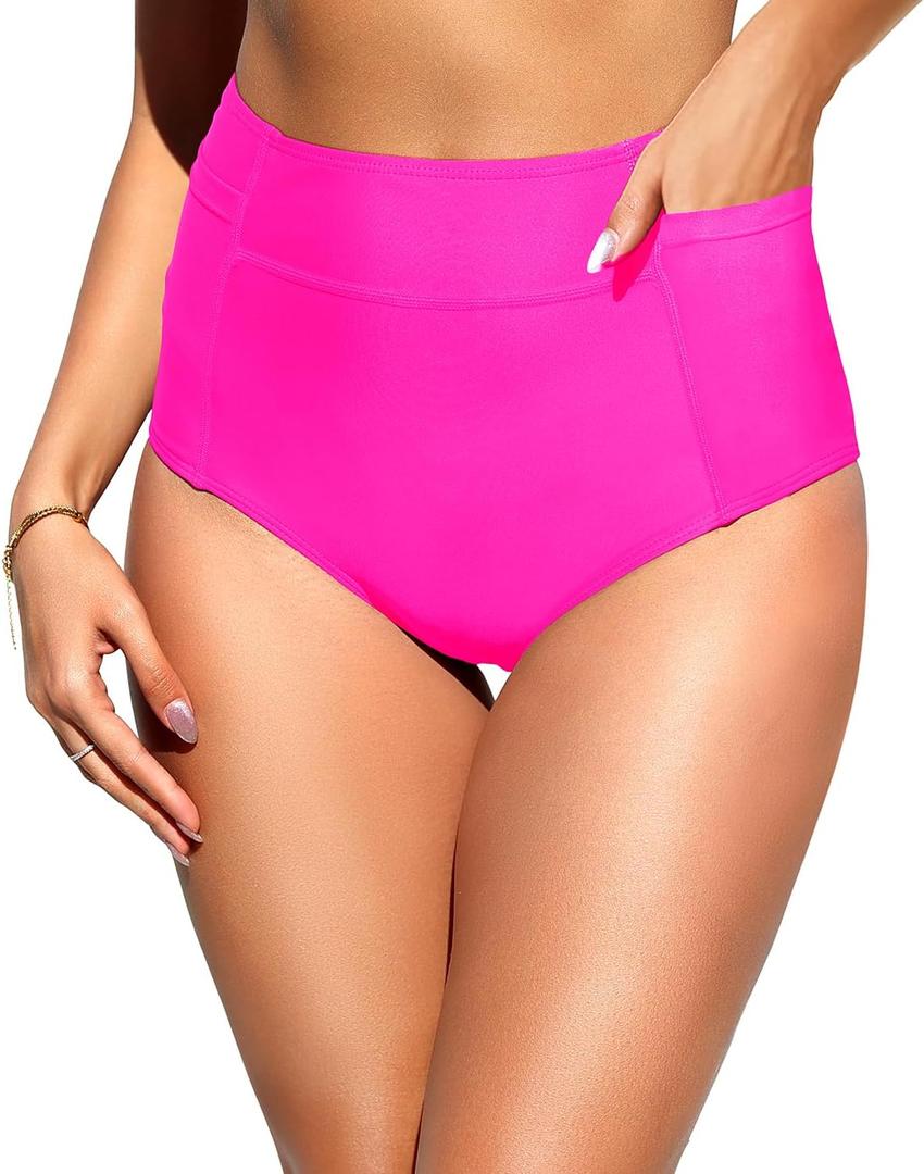 Tempt Me Women High Waisted Swimsuit Bikini Bottoms - Tummy Control Swim Bottom Full Coverage Bathing Suit with Pockets 2025 (Small, Hot Pink)