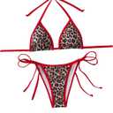 Women's 2 Piece Leopard Bikini Set Cheetah Halter String Triangle Bathing Suits Swimsuit (X-Large, Red)