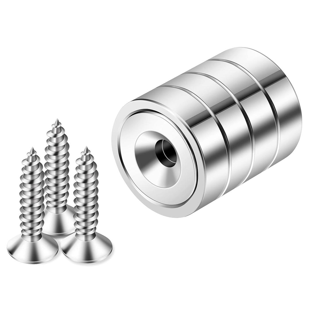 3 x Neosmuk Magnets with Screws, 60lbs Strong Neodymium Disc Magnet with Holes in The Center,Cup Magnet with Mounting Hole Heavy Duty, Round Magnet Rare Earth Magnetic High Strength in Middle,4 Pack (Silver)