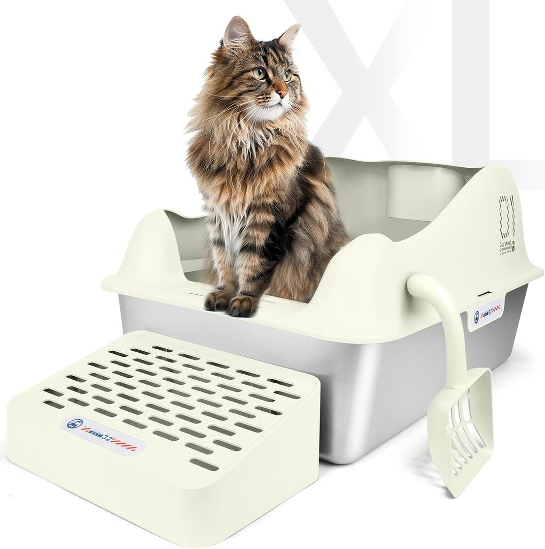 Enclosed Stainless Steel Cat Litter Box with Lid, XL Extra Large Litter Box for Big Cats, High Sided, Never Absorbs Odors, Non-Sticky, Anti-Leakage, Easy Cleaning (24" L x 16" W x 12" H, Beige)