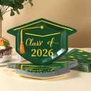 2 x Green Graduation Plates and Napkins 2026, 50 9.3" Mortarboard Shaped Class of 2026 Plates & 50 Grad Napkins - Green and Gold Graduation Decorations 2026