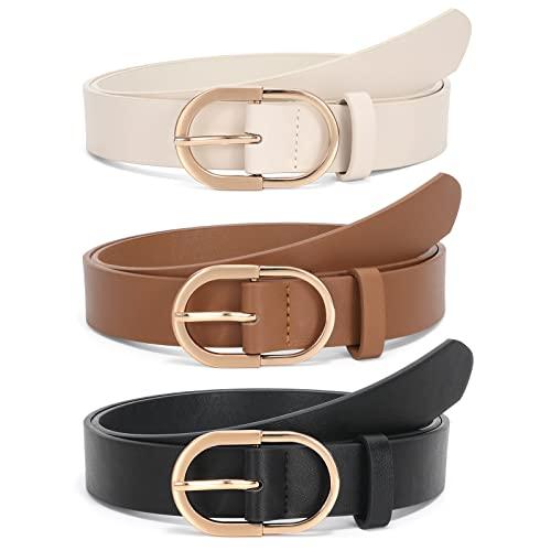  2Pack Women’s Leather Belts for Jeans Pants Fashion Ladies Belt with Gold Buckle+Brown+Beige, Size: L: Fit Waist Size 37-42 Inches