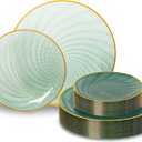 60PCS Green Plastic Plates for Party, Heavy Duty Disposable Plate with Gold Rim, Elegant Spiral Design 30 Dinner & 30 Dessert Plates for Wedding, Birthday(Translucent Green)
