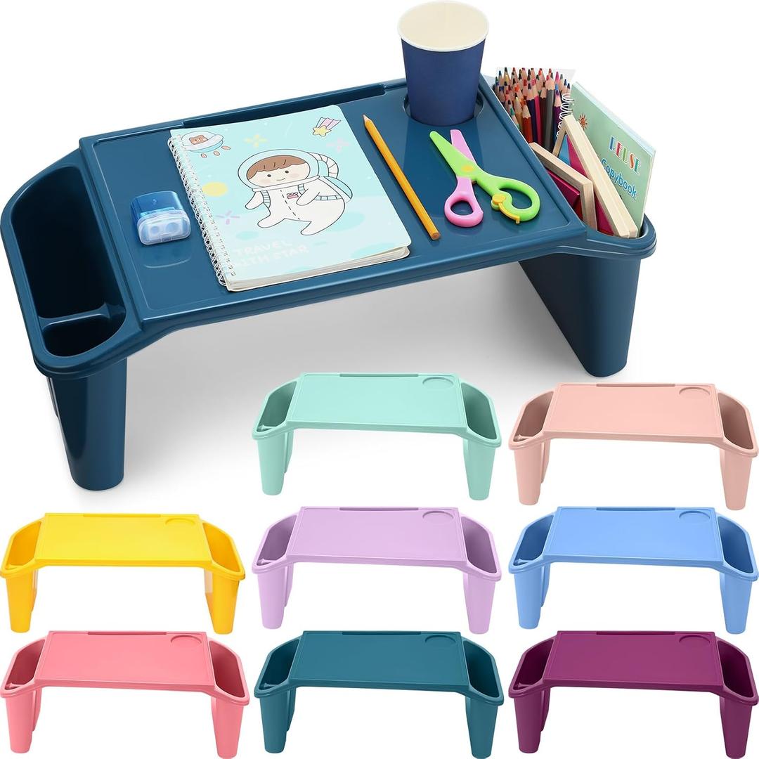 Beeveer 8 Pcs Kids Lap Desk Tray Bulk 19.7x9.6x7.1in Portable Lap Tray for Kids Plastic Table with Side Storage Space for Bed Classroom Laptop Children Car Activity Eating Floor (Cute Colors)
