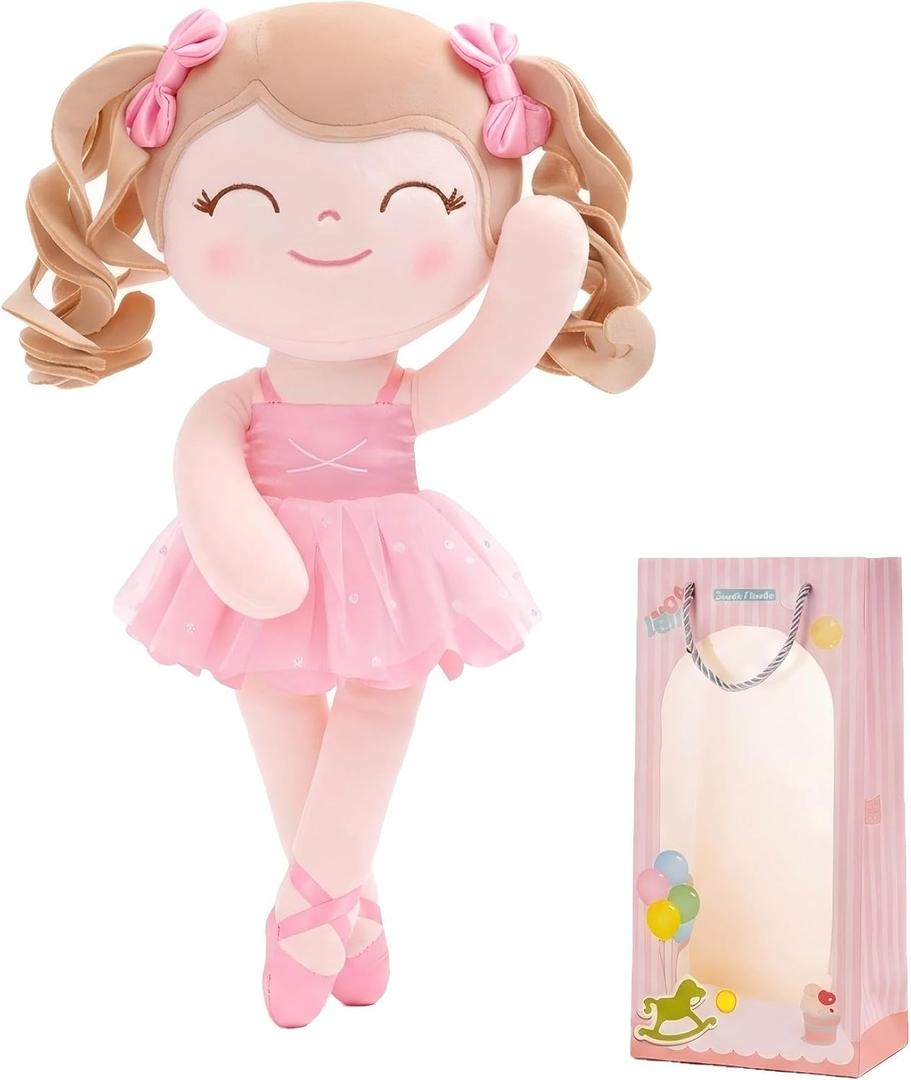 Gloveleya Baby Doll Gifts Plush Curly Hair Ballet Dolls Soft Girl Toys Pink 33CM