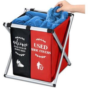Wonderjune Foldable Disposable Shoe Cover Box Dispenser Fabric Storage Bin Holder with Used Shoe Covers and Welcome Please or Remove Sign for Open House Supplies(Black, Red)
