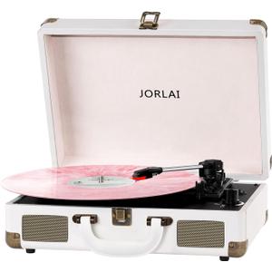 Record Player 3 Speeds Turntable with Bluetooth Built-in Battery Stereo Speakers Vintage Record Player Belt Driven Portable Suitcase PC Recording White