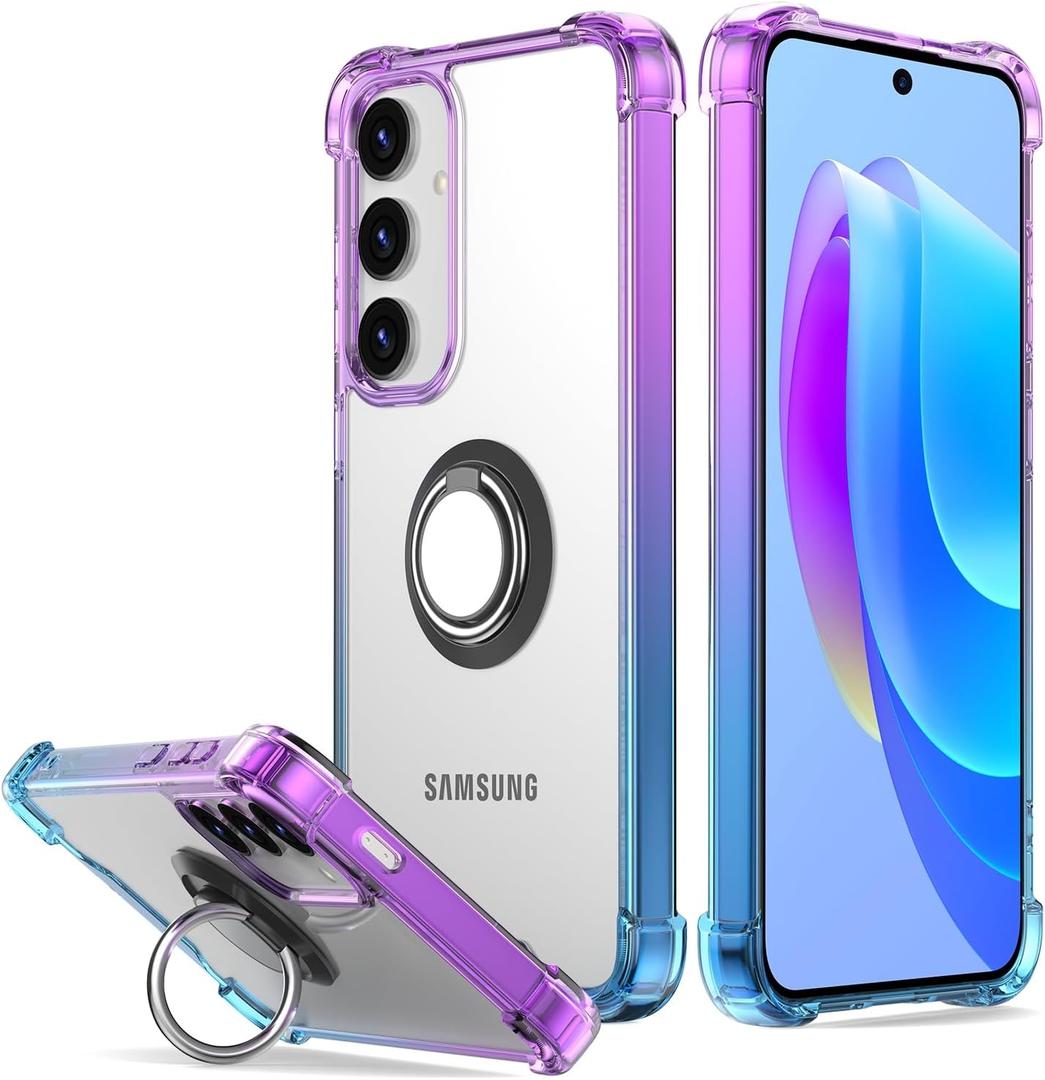 for Galaxy S24 Plus Case Clear with 360 Rotation Metal Ring Holder Stand, Support Magnetic Car Phone Mount Soft TPU Bumper PC Hard Protective Phone Case for Samsung S24 Plus(Purple Blue)