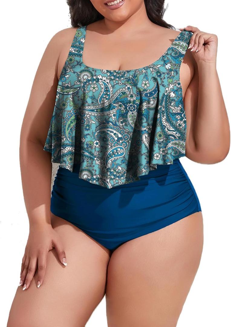 Mooncore Womens Plus Size Swimsuit High Waisted Tankini Bathing Suits Two Piece Flounce Bikini Swimsuit (Blue Green) 20plus