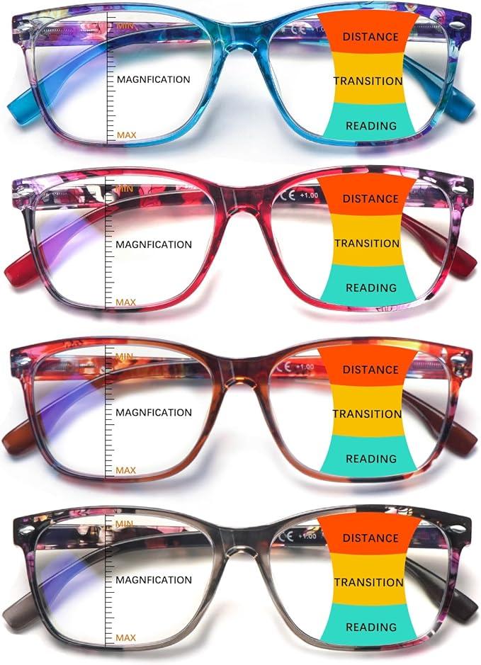 Progressive Multifocus Reading Glasses for Women, Pattern Print Blue Light Block Stylish Ladies Computer Readers, 4.0