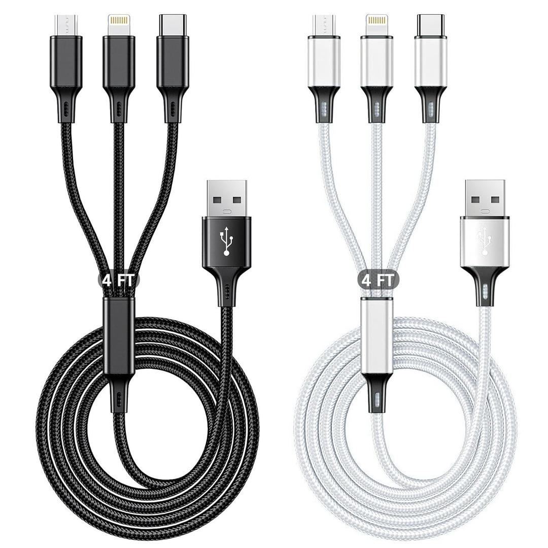 Multi USB Charging Cable 3A, 3 in 1 Fast Charger Cord Connector with Dual Phone/Type C/Micro USB Port Adapter, Compatible with Tablets iPhone 14 13 12 Pro 8 7 Samsung Galaxy (4FT/2Pack Charging Only)