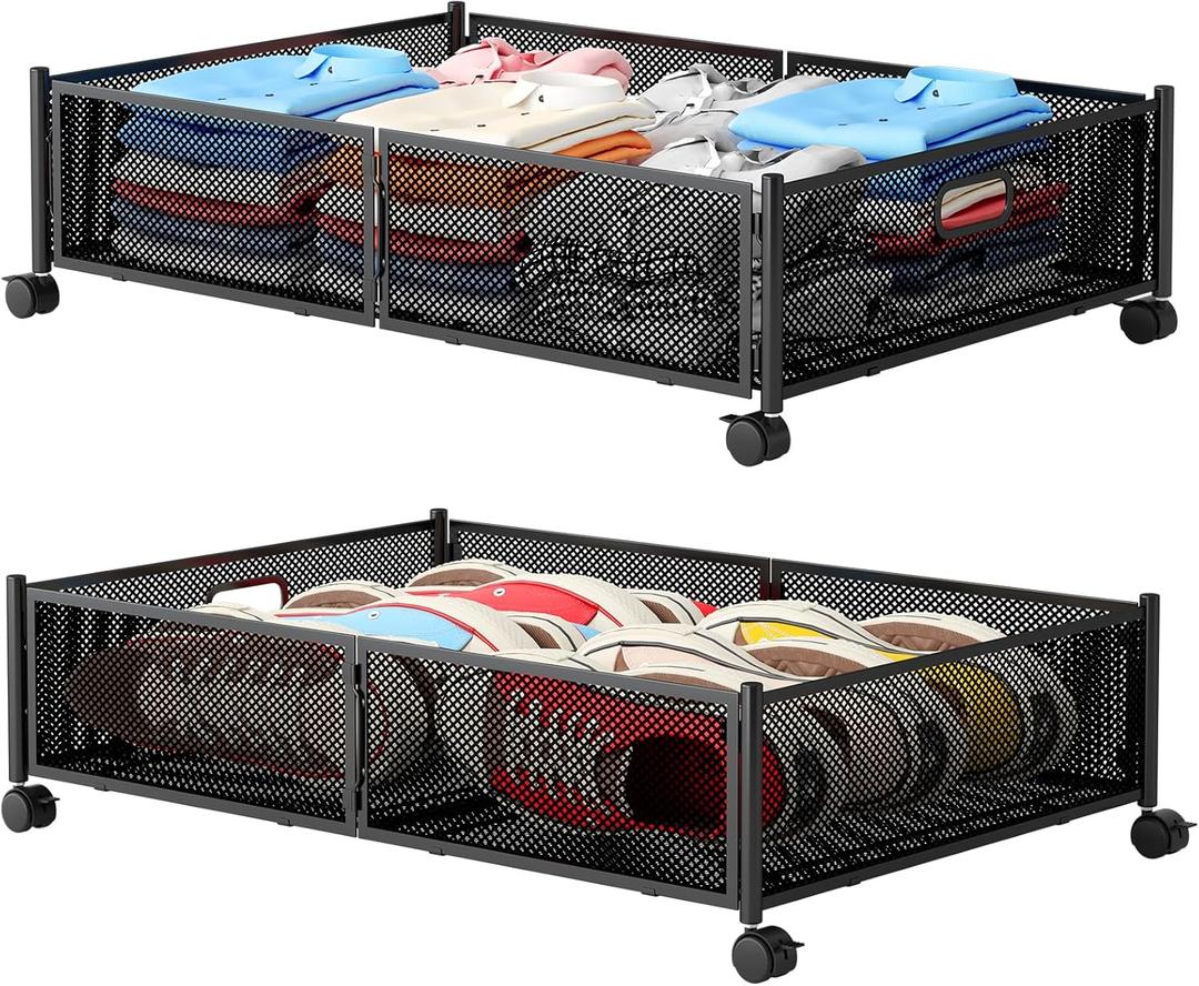 Under Bed Storage with Wheels, Foldable Metal Mesh Underbed Storage Container Bins, Tool-free Assembly Clothes Drawer Organizer,2Pack (Black)