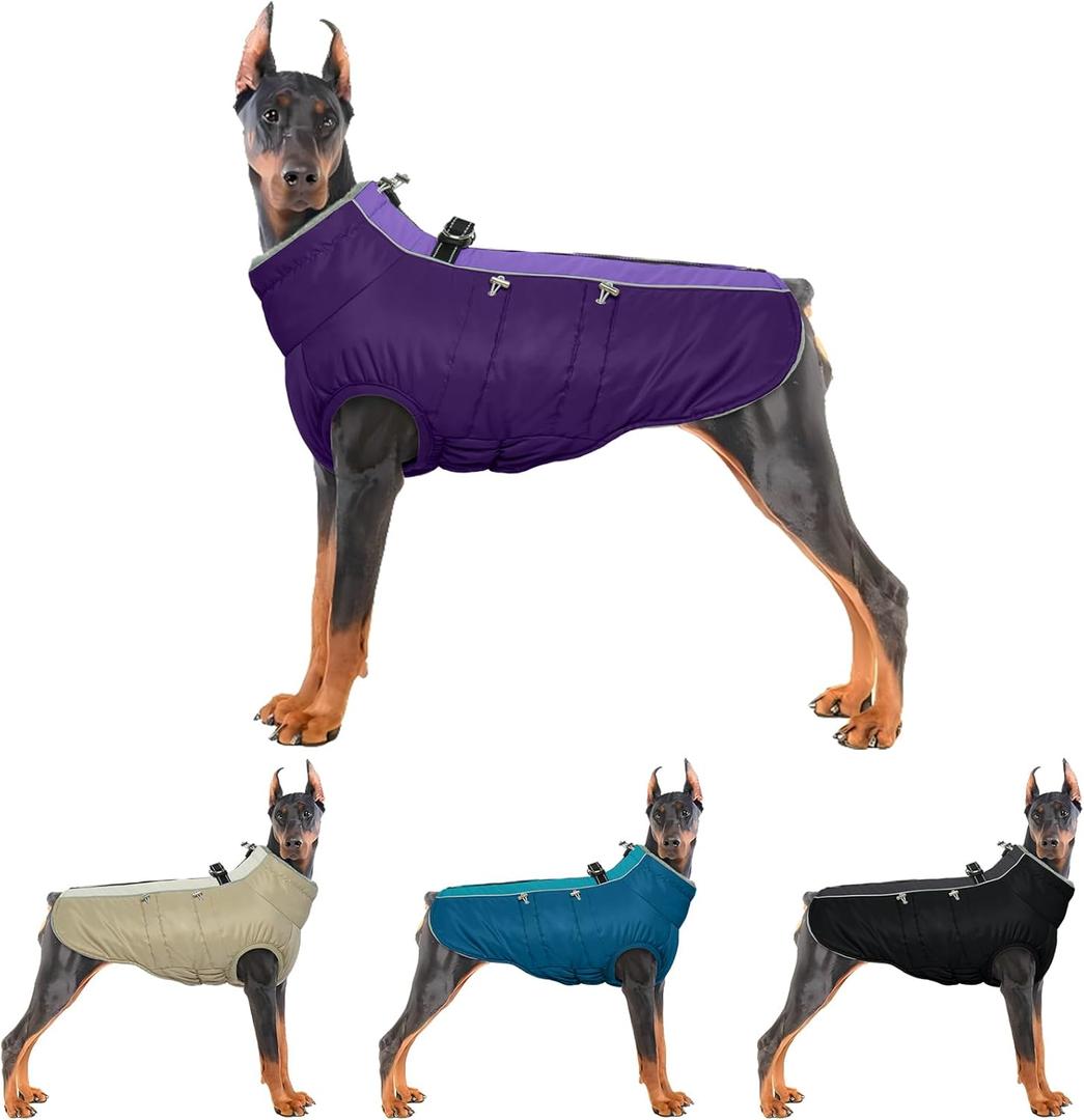 IDOMIK Warm Dog Coat with Harness, Waterproof Reflective Dog Jackets for Small Medium Large Dogs, Fleece High Collar Winter Jacket with Zipper, Pet Winter Snowsuit Clothes for Cold Weather,Purple 3XL (3XL(Neck Girth:26.8"))