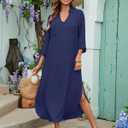 Bsubseach Womens Bathing Suit Cover Up V Neck Long Swimsuit Cover Up Beach Shirt Dress Swimwear with Pockets (Blue, M)