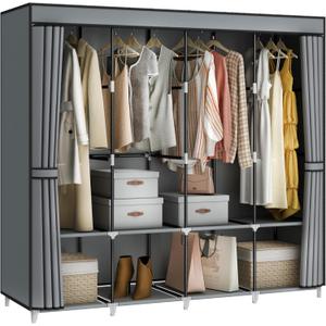 Portable Closet Wardrobe, 67-Inch Clothes Organizer with 4 Hanging Rods and 8 Shelves, Non-Woven Fabric Cover, Large Capacity Storage for Bedroom and Living Room, Grey