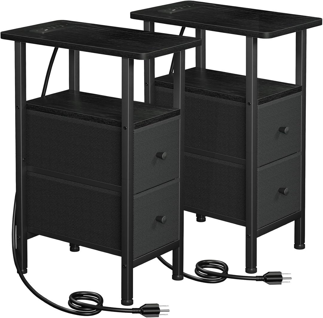 LOAKEKEL Narrow Nightstand with Charging Station, End Tables Living Room Set of 2, Skinny Side Table with Fabric Drawers, Slim Sofa Table for Bedroom, Small Spaces, Couch, Black