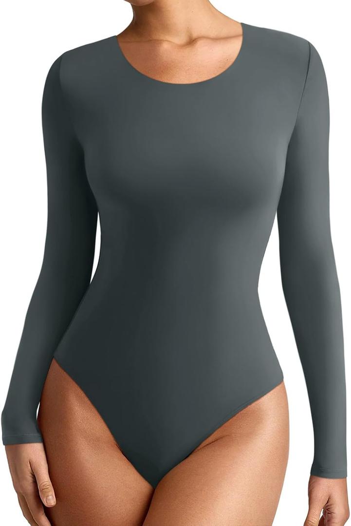 REORIA Womens Long Sleeve Bodysuits Fall Basic Round Neck Lightweight Double Lined Layering Slim Body Suit Tops (Small, Dark Grey)
