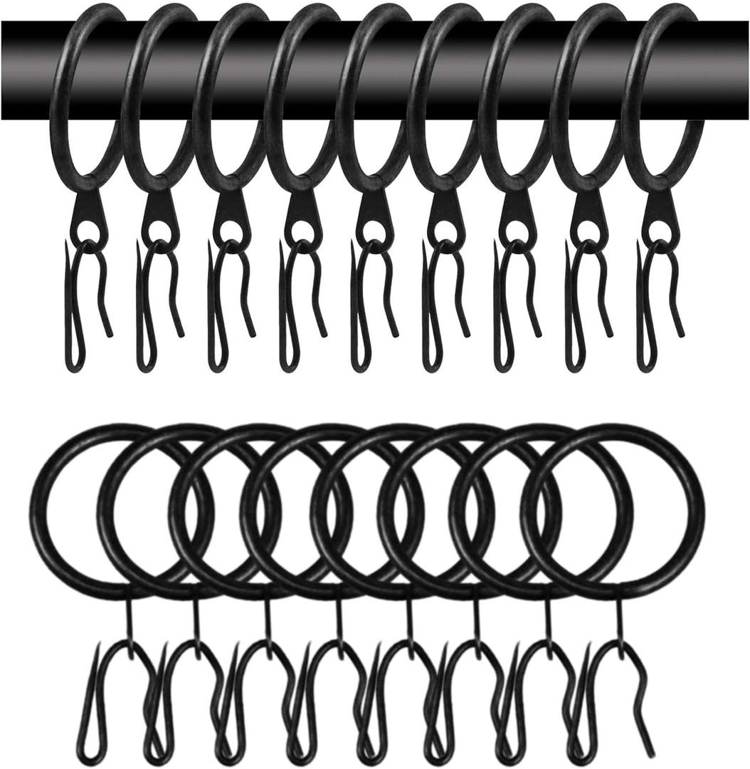 60 Pcs Metal Curtain Rings with Eyelet & Drapery Hooks, 30 mm Internal Diameter, Black