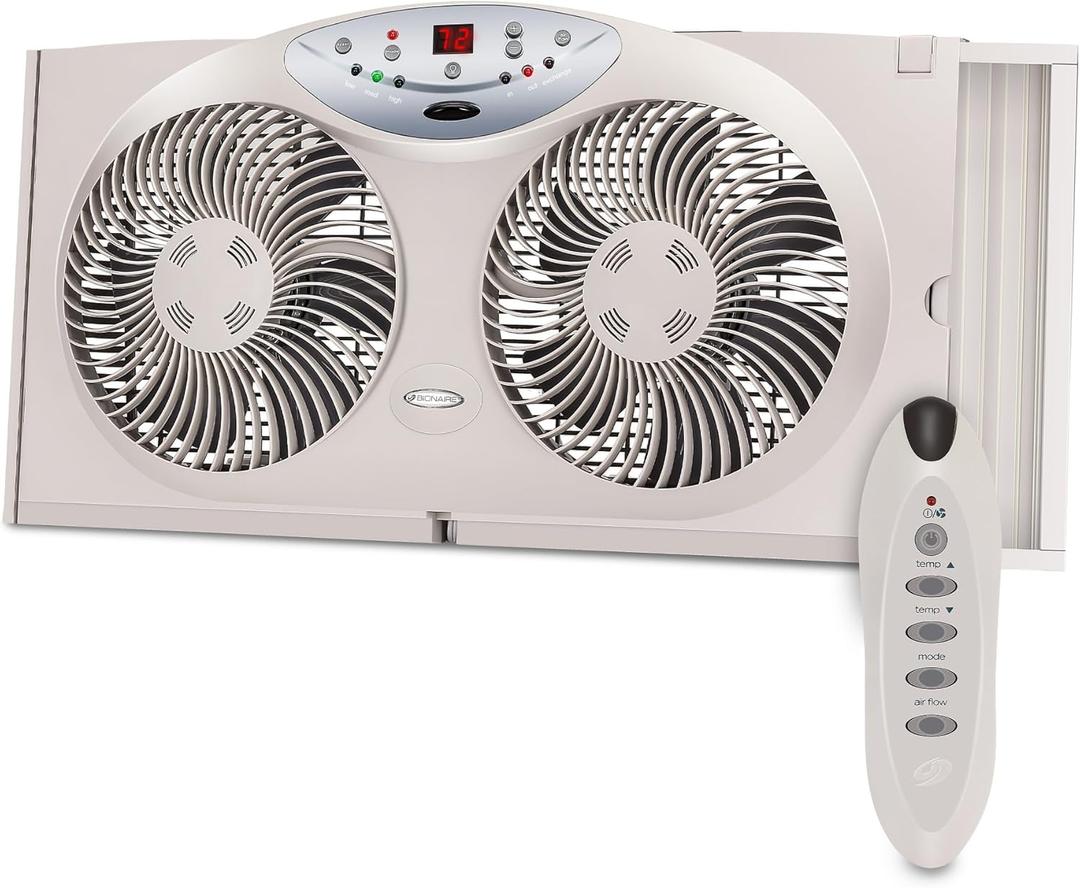 Bionaire Window Fan with Reversible Airflow Blades 3-Speed Settings, Programmable Thermostat, LED Display, Remote Control, Fits 2436" Windows, No Assembly Required