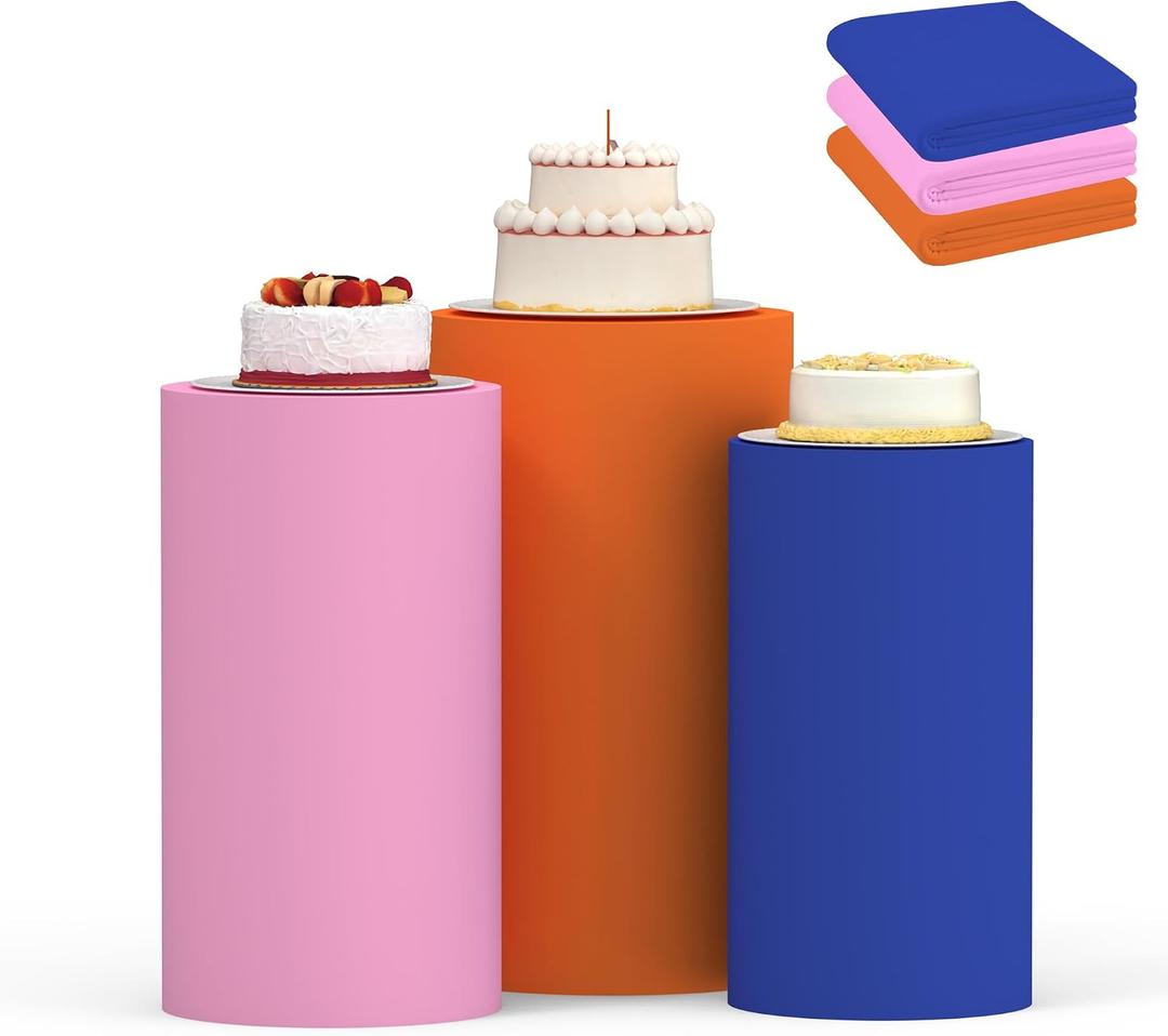 Cylinder Covers Set of 3, Cylinder Stand Covers for Parties,Round Pedestal Stand Covers for Cylinder Stands for Wedding Party Birthday Display(Cylinder Stands Not Included) (Dark Blue Deep Pink Orange, S+M+L)