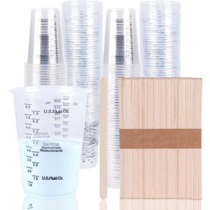 200Pcs 8 oz Graduated Clear Plastic Measuring Cups with 200pcs Wooden Stirring Sticks for Mixing Paint, Liquid Measuring Pigments, Epoxy Resins