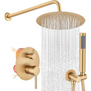 Brushed Gold Shower Faucet Set, Bathroom Rainfall Shower System Fixture 10 Inch High Pressure Round Rain Shower Head with Handheld Sprayer Combo Wall Mount with cUPC Certified Rough-in Valve
