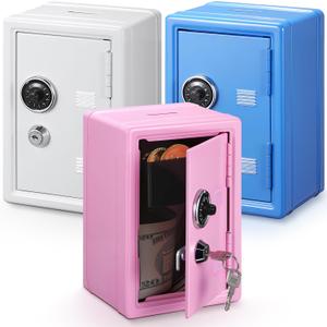 Zonon 3 Pcs Mini Safe Piggy Bank for Kids, Metal Locker Toy Safe Box for Boys Girls Money Cash Coin, Steel Money Saving Box with Lock 2 Keys Coin Tray 7. 1"x 4. 7"x 3. 9"(Blue, Pink, Ivory White)