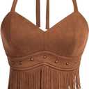 OYOANGLE Women's Plus Size Fringe Halter Top V Neck Beaded Cowgirl Western Suede Crop Top, 3XL