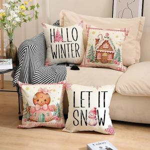 Christmas Pillow Covers, Gingerbread Man & Alphabet Print Decorative Cushions, Holiday Throw Pillows for Sofa & Home Decor (Color 4)