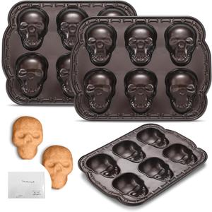 2 Pcs Halloween Skull Baking Pan 6 Cavities 3D Skull Baking Mold for Pizza Metal Cake Mold Bakeware for Halloween Ice Cupcake Chocolate Pizza Jelly Candy Pudding
