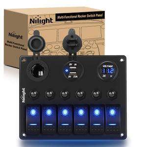 Nilight 6 Gang ON Off Rocker Switch Panel 12V Voltmeter Dual USB Charger Cigarette Lighter Socket For RV Truck Boat (Blue)