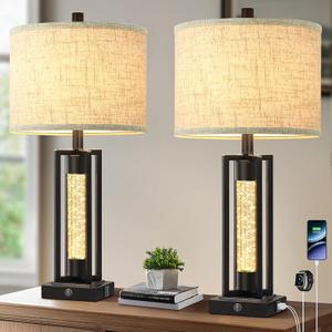 TOBUSA 26 Farmhouse Table Lamps for Living Room with Crystal Night Light Set of 2, Modern Nightstand Lamps with 2 USB Ports, Vintage Home Decor Black Bedside Lamps with Linen Shade for Bedroom