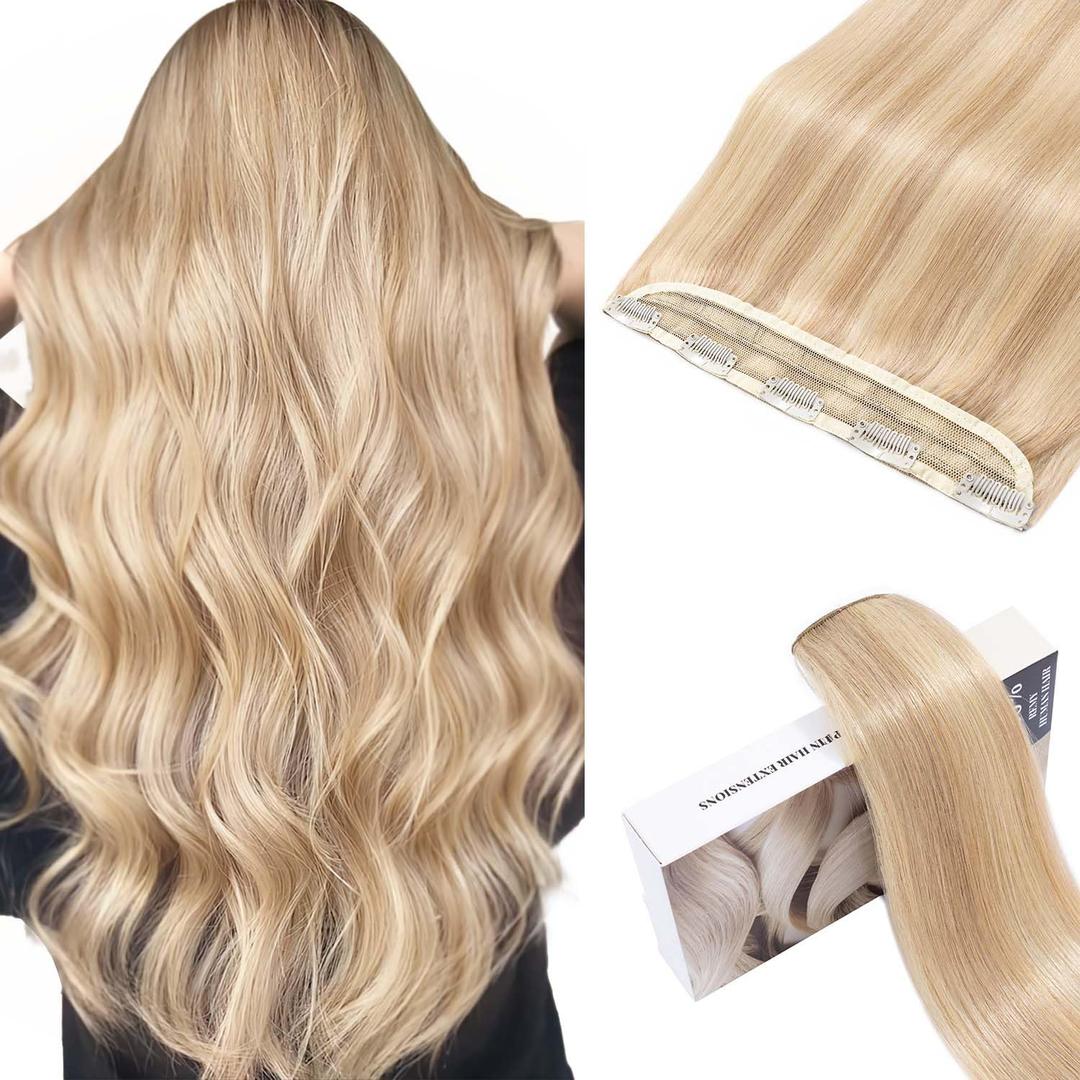 5 in 1 Clip in Hair Extensions - Real Human Hair, 16 Inch, 3/4 Full Head, 45g, Gold Blonde Mixed Bleach Blonde #18P163