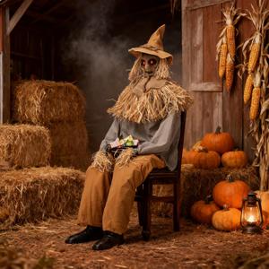 Halloween Animatronics 4.5 Ft Tricked Scary Sitting Scarecrow Decoration with Sensor Activated | Creepy Voice | Spooky Skull Head | Light Up Eyes | Haunted Scary Move Horror Prop for Outdoor/Indoor