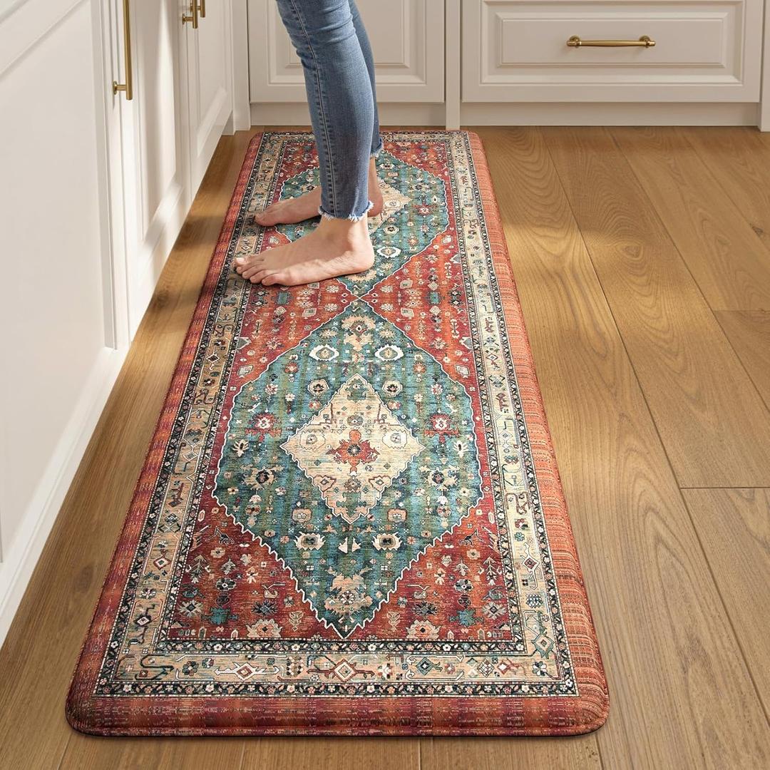Collive Kitchen Rugs Anti Fatigue Kitchen Runner Mats Cushioned, Comfort Fatigue Mats for Standing, 17.3x59 Red Non Skid Washable Kitchen Floor Mats for Office, Sink, Laundry (Geometric Tribal)