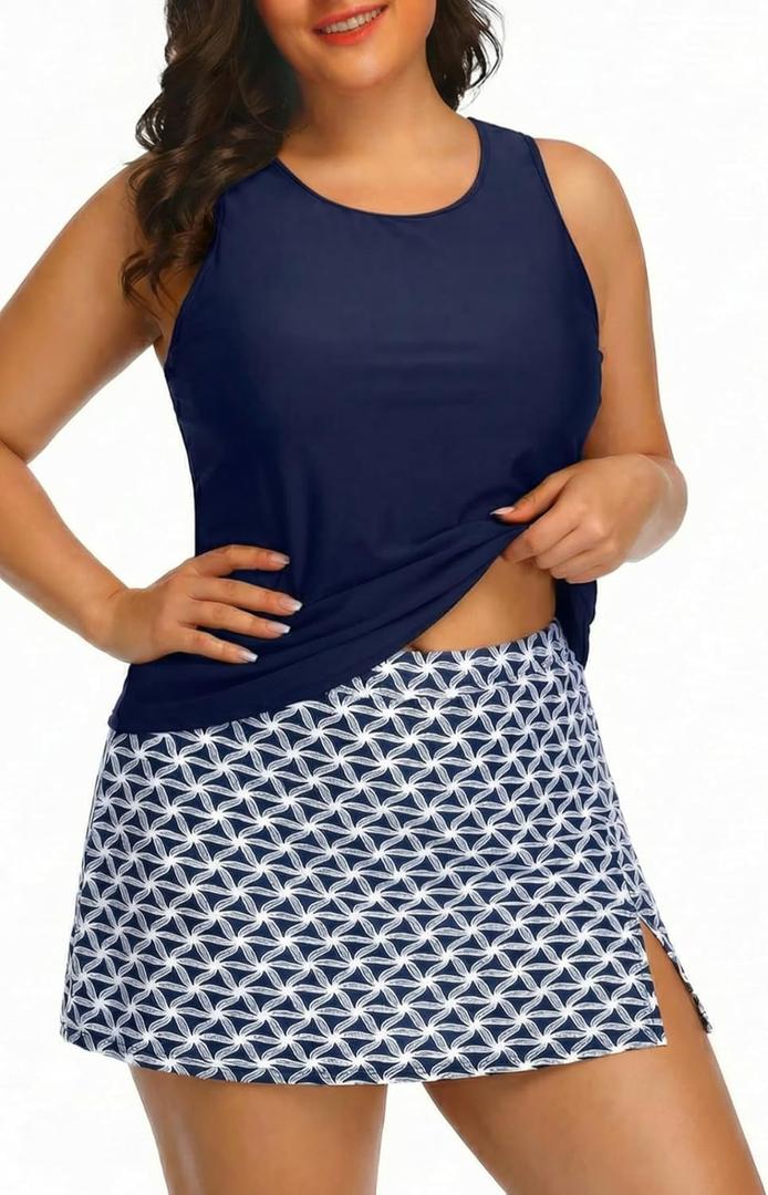 Plus Size Tankini with Skirt - Two Piece Swimsuit for Women Tummy Control Bathing Suit High Neck 2025 Swimwear (Navy Geometric), Plu 20