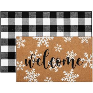 Tinideya 2 Pcs Winter Door Mat Outdoor Snowflake Welcome Mats for Front Door Non Slip Winter Coir Doormat Layering Black White Check Rug for Outside Front Porch Entryway Decor (23.6 x 35.4 Inches)