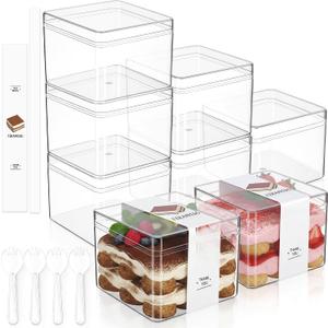 Blushtier 25 Pack Dessert Cups with Lids and Sporks Stickers, Clear Reusable Tiramisu Containers Parfait Cups for Cookie, Macaron, Pudding, Mousse, Fruit (3.35 x 3.35 x 2.56 Inch,Square)