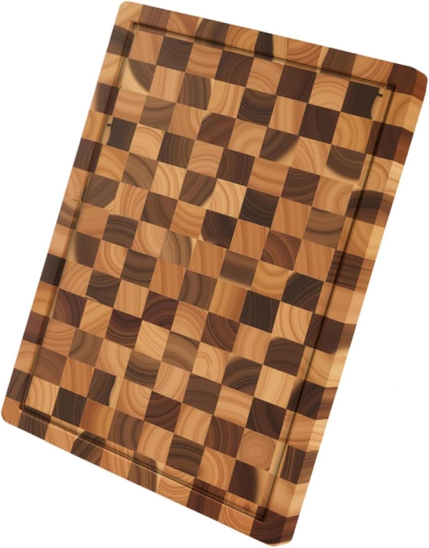 Acacia Wood Cutting Boards for Kitchen, Checkered Chopping Board with Juice Grooves & Handles, Large Butcher Block Serving Tray with NonSlip Feet, 20" x 15" x 1.5"