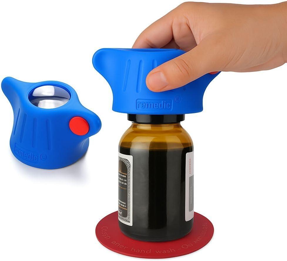 Remedic One-Hand Pill Bottle Opener with Non-Slip Mat Easy Open Medicine Bottles for Weak Hands & Arthritis Magnifier & LED Light for Clear Labels Easy Grip Daily Living Aid