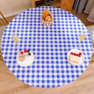 Round Vinyl Fitted Tablecloth with Flannel Backing Elastic Edge Design Table Cover Waterproof Oil-Proof PVC Table Cloth Stain-Resistant Best for 32"-36" Round (Blue Checkered)