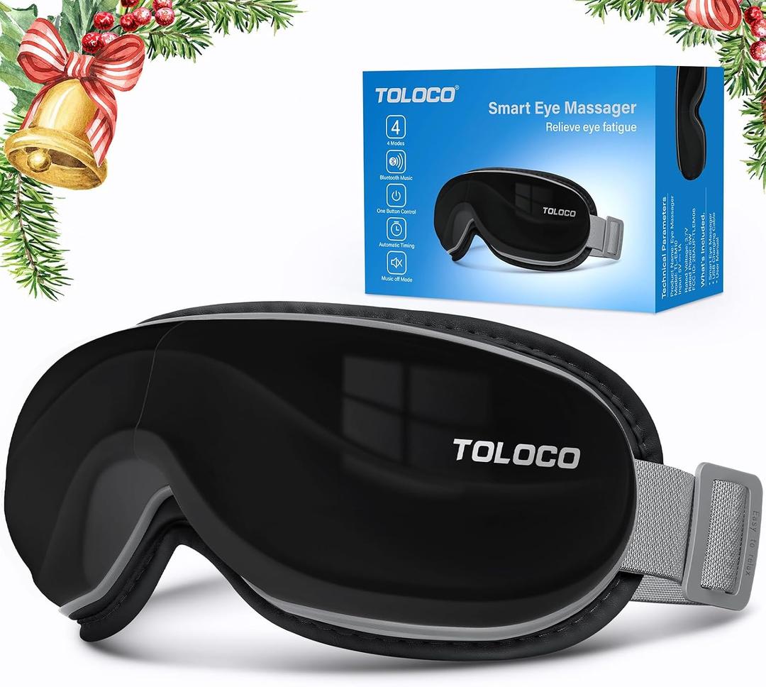TOLOCO Eye Massager with Heat, Heated Eye Mask with Bluetooth Music for Migraines, Face Massager for Relax and Improve Sleep, Reduce Eye Strain, Relaxation Gifts for Women/Men, Birthday Gifts, Black
