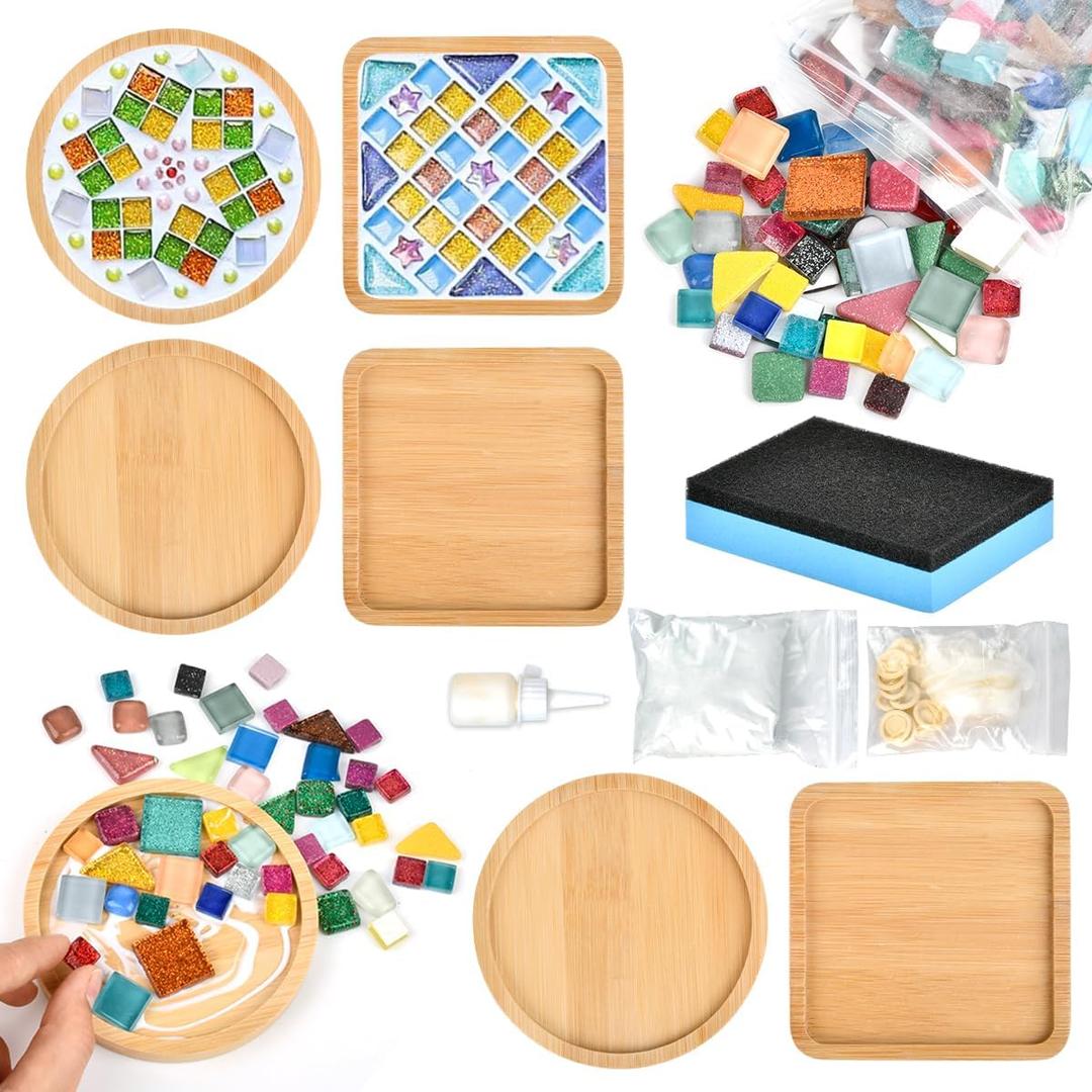 6 Sets DIY Mosaic Coaster Kit - Mixed Color Mosaic Kits with Wooden Coasters for Adults, DIY Glass Mosaic Tiles Handmade Coaster Making Set for Handmade Home Decoration Gift (Round & Square)