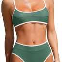 High-Waisted Bikini Set for Women Two Piece Adjustable Spaghetti Straps Bathing Suit Color Block Swimsuit Swimwear (S, Army Green)