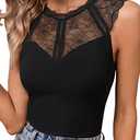 SweatyRocks Women's Sleeveless Round Neck Contrast Lace Skinny Corset Bodysuit Ribbed Knit Concert Tank Top Black Large